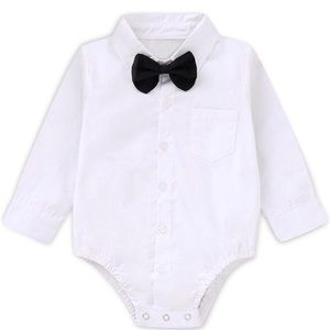 Baby Boys Formal Dress Shirt Bodysuit Long Sleeve Button Up One-Piece Jumpsuit